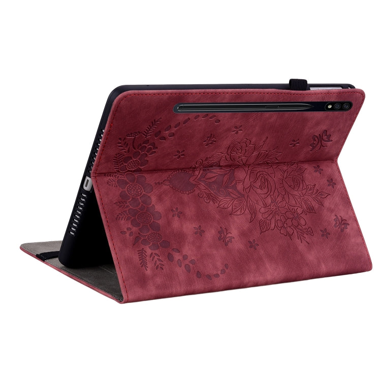 For Samsung Galaxy Tab S9 Butterfly Rose Embossed Leather Tablet Case(Red)