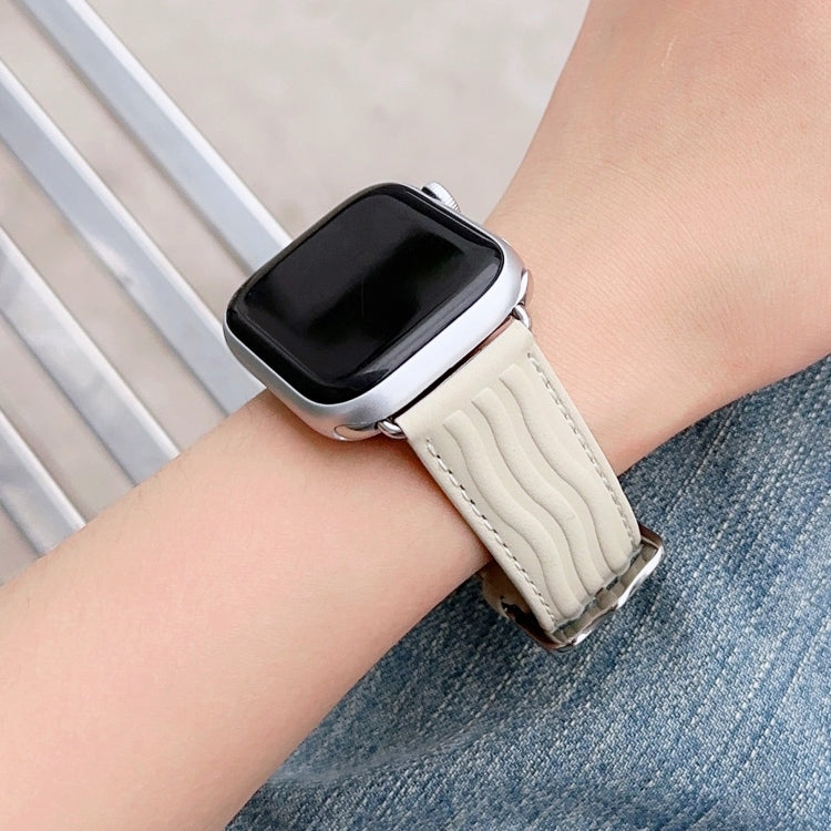 Embossed Line Genuine Leather Watch Band For Apple Watch Ultra 2 49mm(Milky White)
