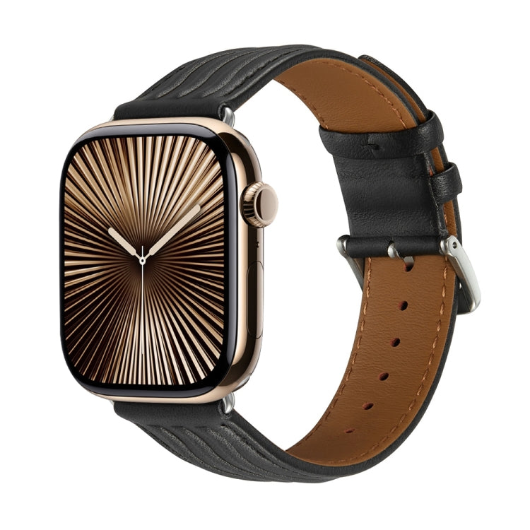 Embossed Line Genuine Leather Watch Band For Apple Watch Series 10 46mm(Black)