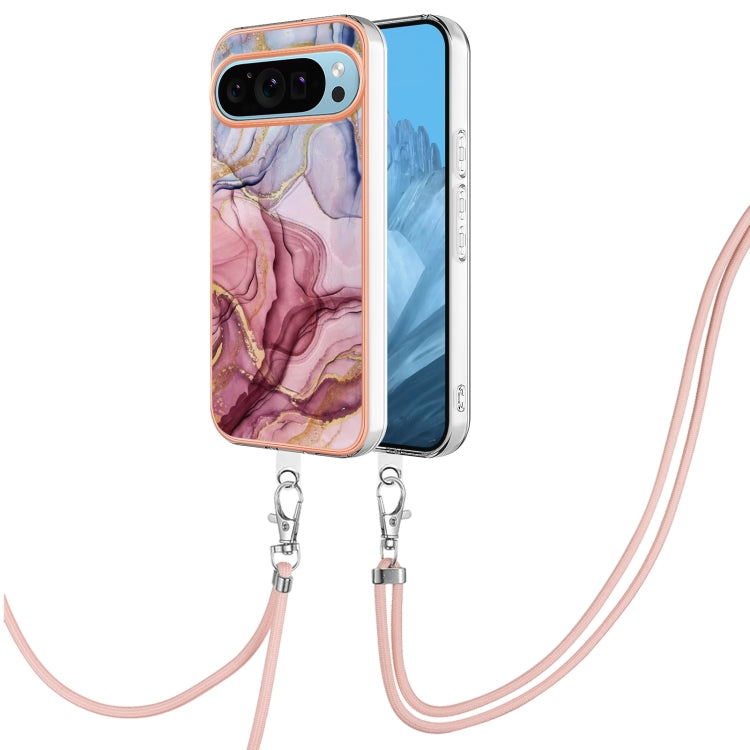 For Google Pixel 9 / 9 Pro Electroplating Marble Dual-side IMD Phone Case with Lanyard(Rose Red 014)