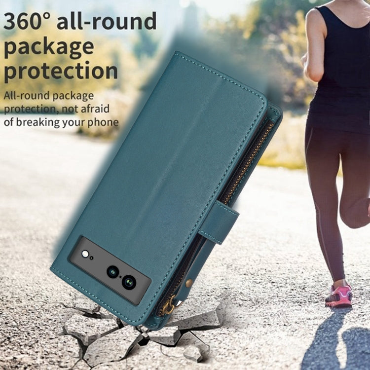 For Google Pixel 7a 9 Card Slots Zipper Wallet Leather Flip Phone Case(Green) - Google Cases by PMC TechLife | Online Shopping South Africa | PMC TechLife | Buy Now Pay Later Mobicred