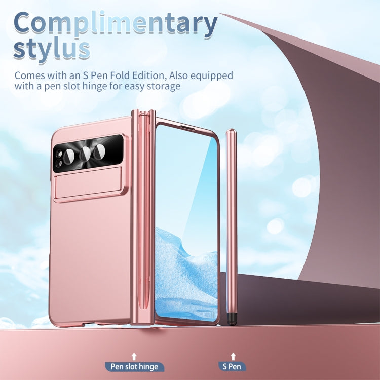 For Google Pixel Fold Integrated Electroplating Pen Slot Double Hinge Folding Phone Case with Stylus(Pink)