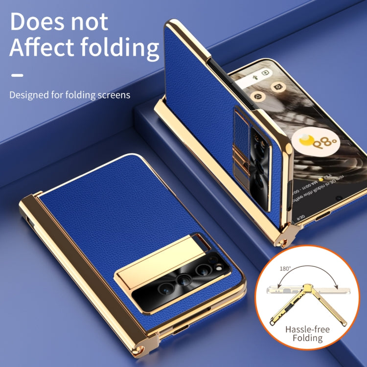 For Google Pixel Fold Litchi Pattern Electroplating Pen Slot Double Hinge Folding Phone Case with Stylus(Royal Blue) - Google Cases by PMC TechLife | Online Shopping South Africa | PMC TechLife | Buy Now Pay Later Mobicred