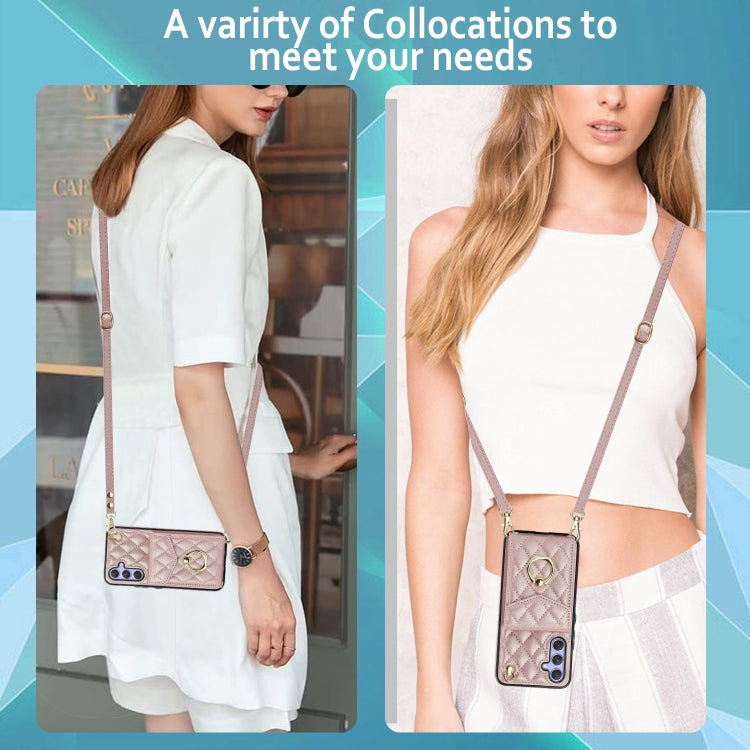 For Samsung Galaxy A54 5G Rhombic Texture Card Bag Phone Case with Long Lanyard(Rose Gold) - Galaxy Phone Cases by PMC TechLife | Online Shopping South Africa | PMC TechLife