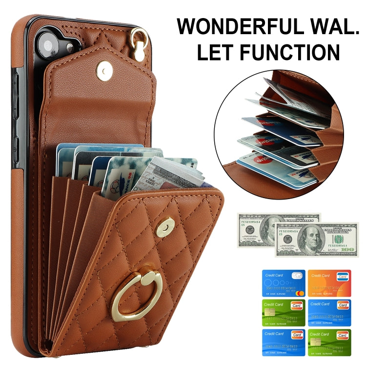 For Samsung Galaxy S24 5G Rhombic Texture Card Bag Phone Case with Long Lanyard(Brown)