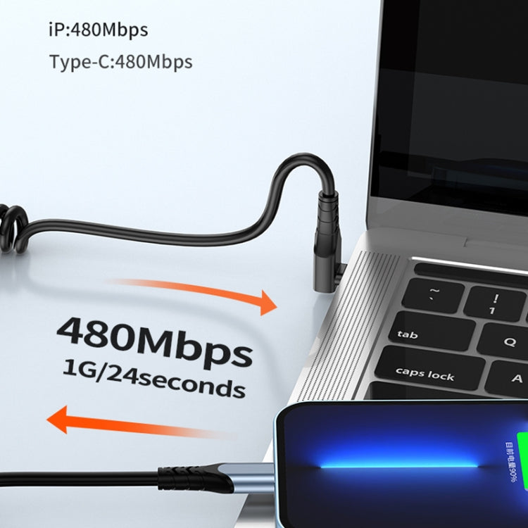 Type-C to 8 Pin + Type-C Elbow Spring Charging Data Cable, Length: 1.5m(Black)