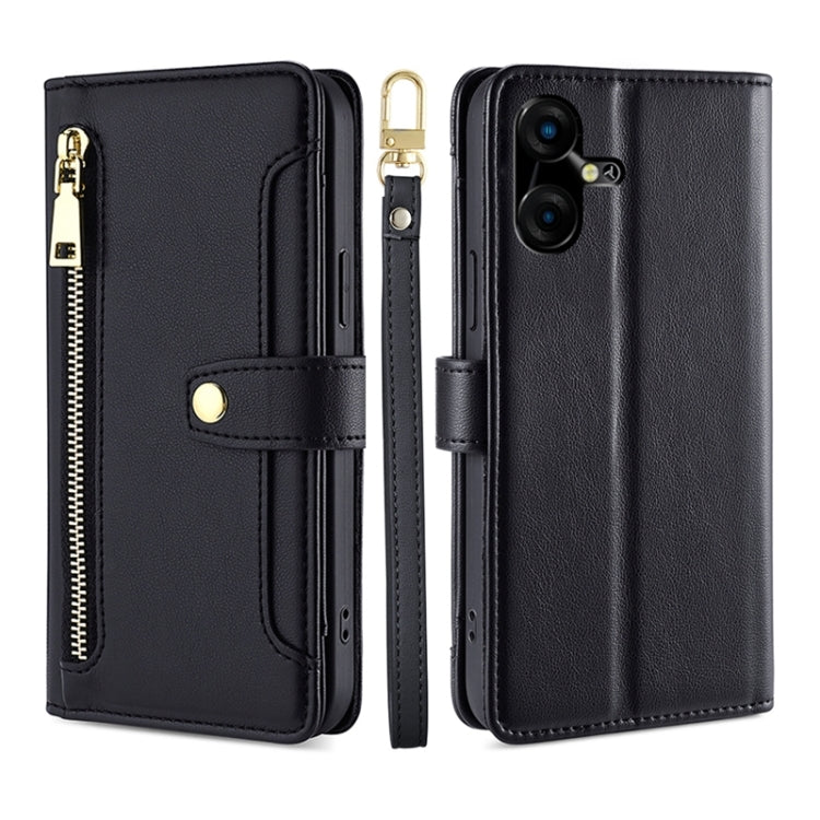 For Tecno Pova Neo 3 Sheep Texture Cross-body Zipper Wallet Leather Phone Case(Black)