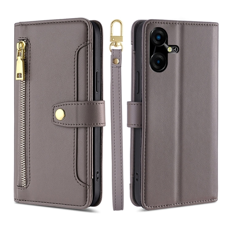 For Tecno Pova Neo 3 Sheep Texture Cross-body Zipper Wallet Leather Phone Case(Grey)
