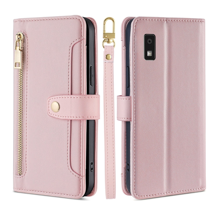 For Sharp Aqous Wish3 Sheep Texture Cross-body Zipper Wallet Leather Phone Case(Pink)