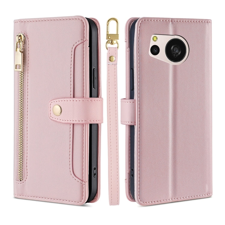 For Sharp Aquos sense8 Sheep Texture Cross-body Zipper Wallet Leather Phone Case(Pink)