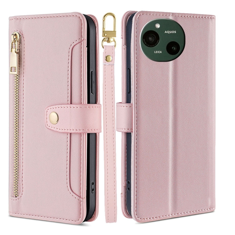 For Sharp Aquos R9 Sheep Texture Cross-body Zipper Wallet Leather Phone Case(Pink)