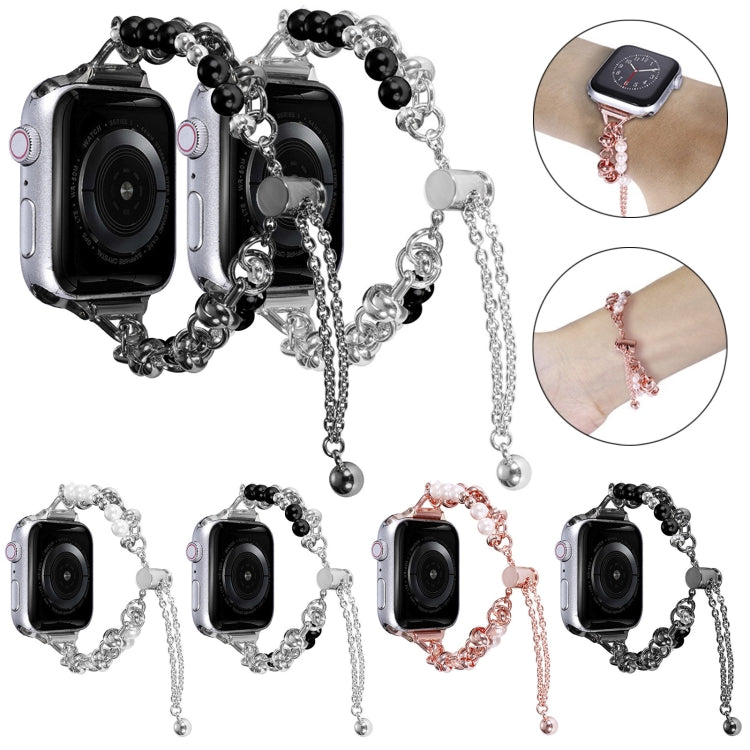 For Apple Watch 38mm Pearl Bracelet Metal Watch Band(Silver Black)