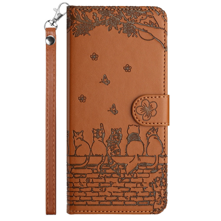 For iPhone 16 Cat Embossing Pattern Leather Phone Case with Lanyard(Brown)