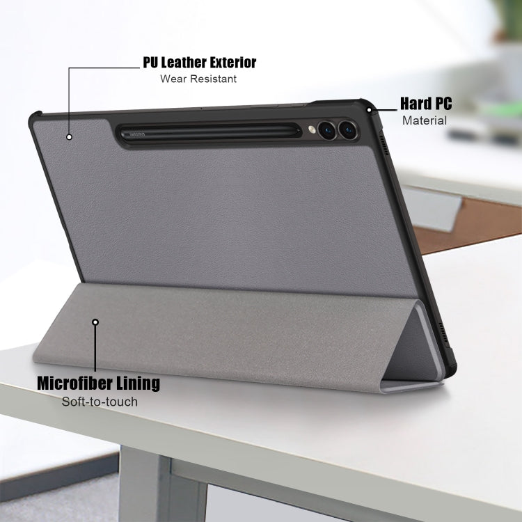 For Samsung Galaxy Tab S9+ Custer Pure Color 3-Fold Holder Smart Leather Tablet Case(Grey) - Galaxy Tab S9+ Cases by PMC TechLife | Online Shopping South Africa | PMC TechLife