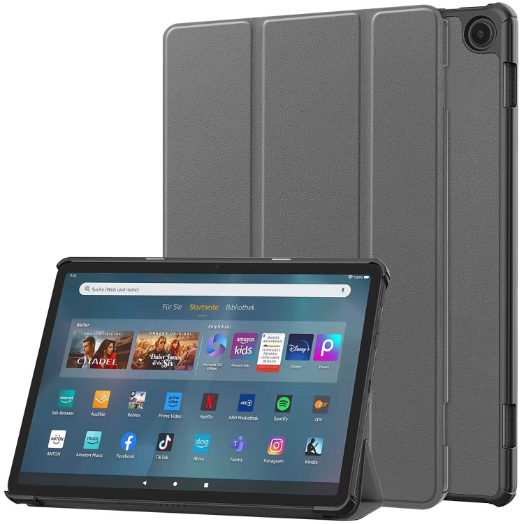For Amazon Fire Max 11 Custer Pure Color 3-Fold Holder Smart Leather Tablet Case(Grey)