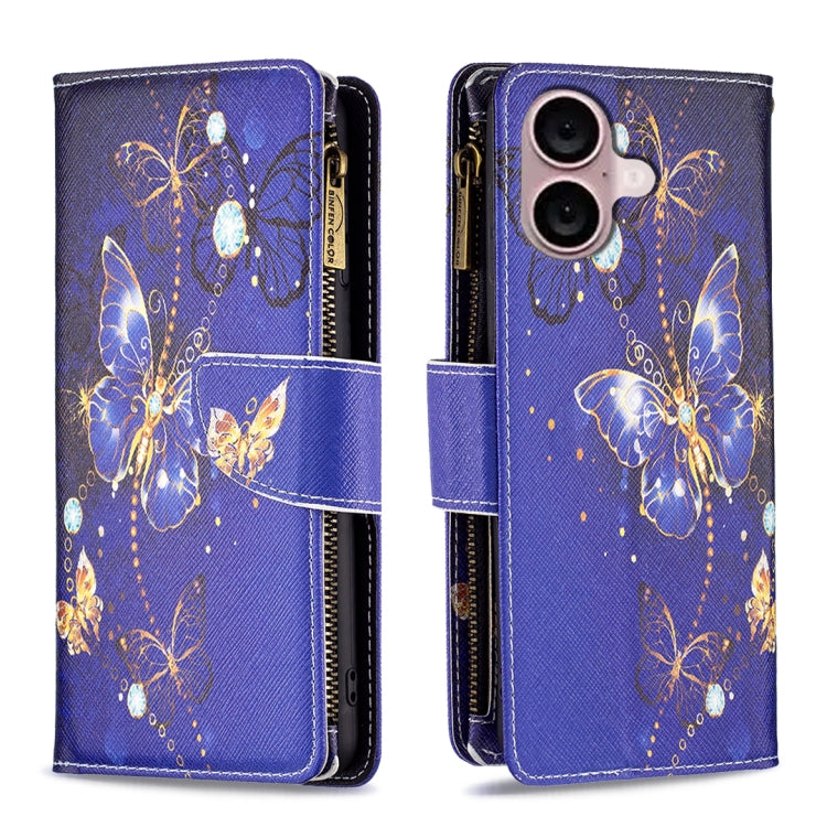 For iPhone 16 Plus Colored Drawing Pattern Zipper Phone Leather Case(Purple Butterfly)