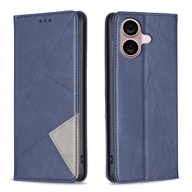 For iPhone 16 Plus Rhombus Texture Magnetic Leather Phone Case(Blue)