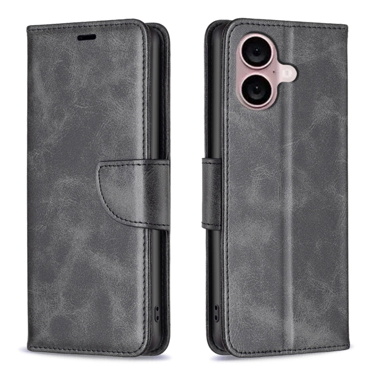For iPhone 16 Lambskin Texture Pure Color Flip Leather Phone Case(Black)