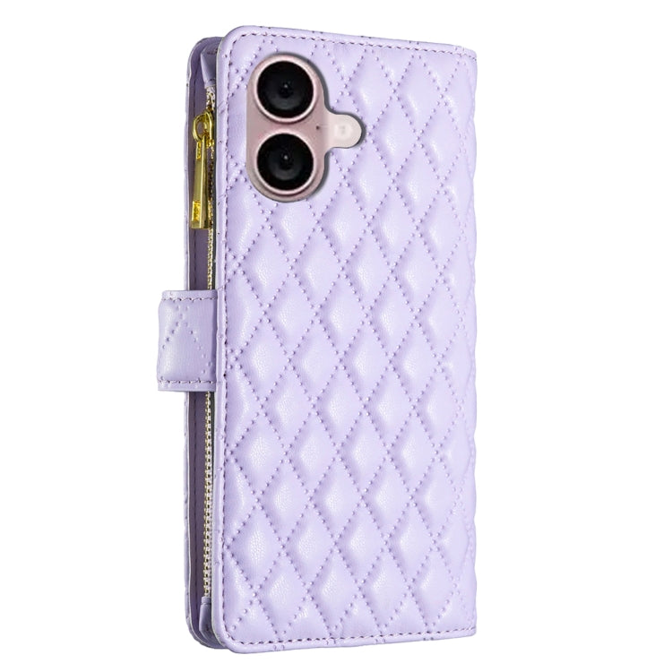For iPhone 16 Diamond Lattice Zipper Wallet Leather Flip Phone Case(Purple)