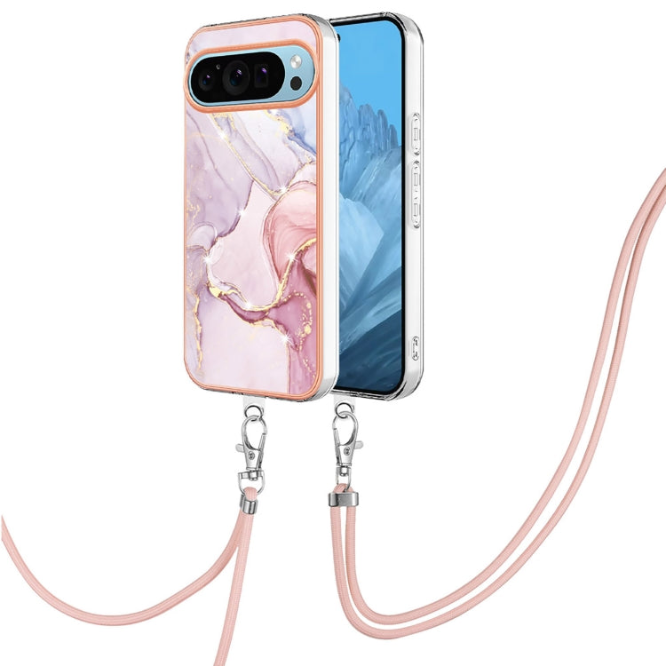 For Google Pixel 9 Pro XL Electroplating Marble Dual-side IMD Phone Case with Lanyard(Rose Gold 005)