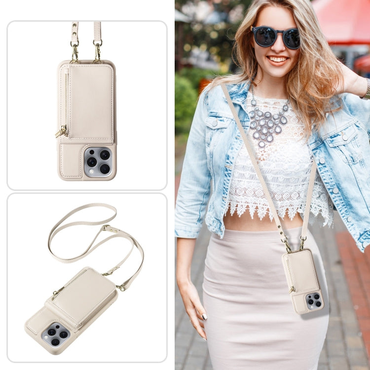 For iPhone 16 Pro Max Crossbody Lanyard Zipper Wallet Leather Phone Case(Beige)
