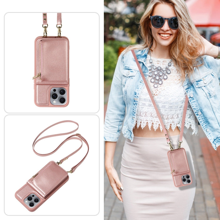 For iPhone 16 Pro Max Crossbody Lanyard Zipper Wallet Leather Phone Case(Rose Gold)