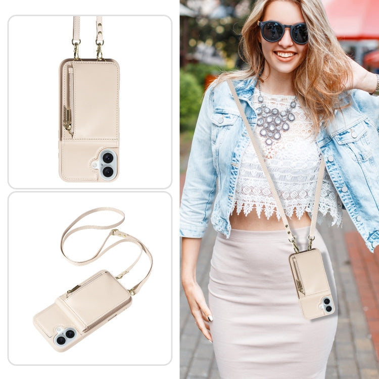 For iPhone 16 Plus Crossbody Lanyard Zipper Wallet Leather Phone Case(Beige) - free shipping - PMC Jewellery - Order now!