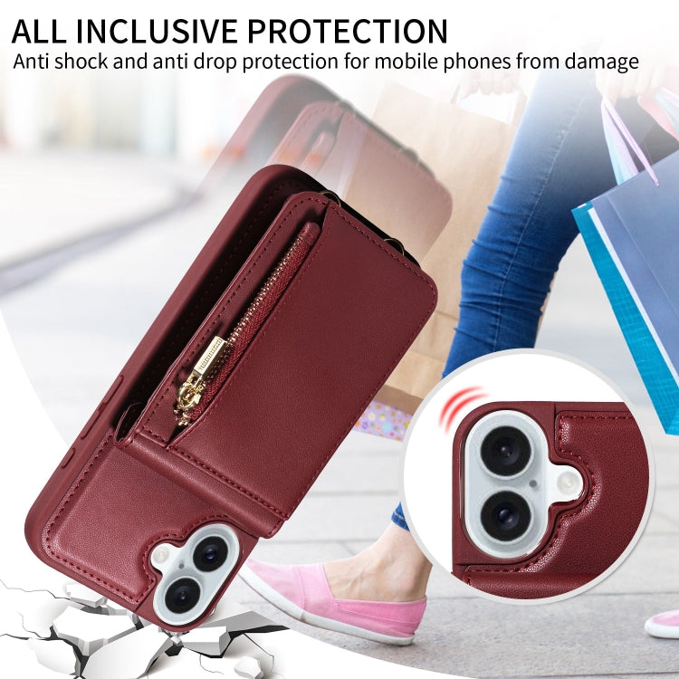 For iPhone 16 Plus Crossbody Lanyard Zipper Wallet Leather Phone Case(Wine Red)