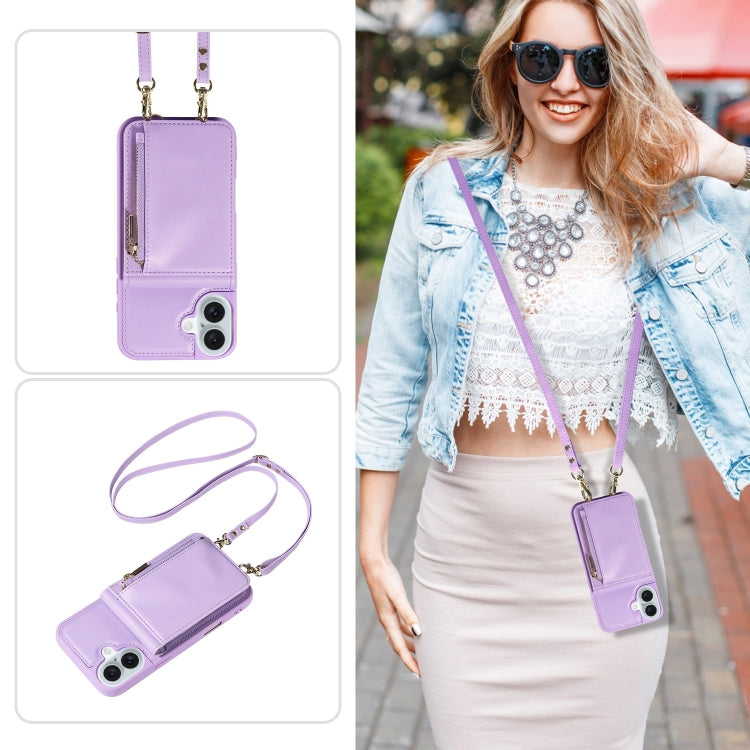 For iPhone 16 Plus Crossbody Lanyard Zipper Wallet Leather Phone Case(Purple)