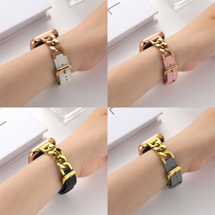 For Apple Watch SE 2023 44mm Chain Genuine Leather Watch Band, Size: L(Gold Black)