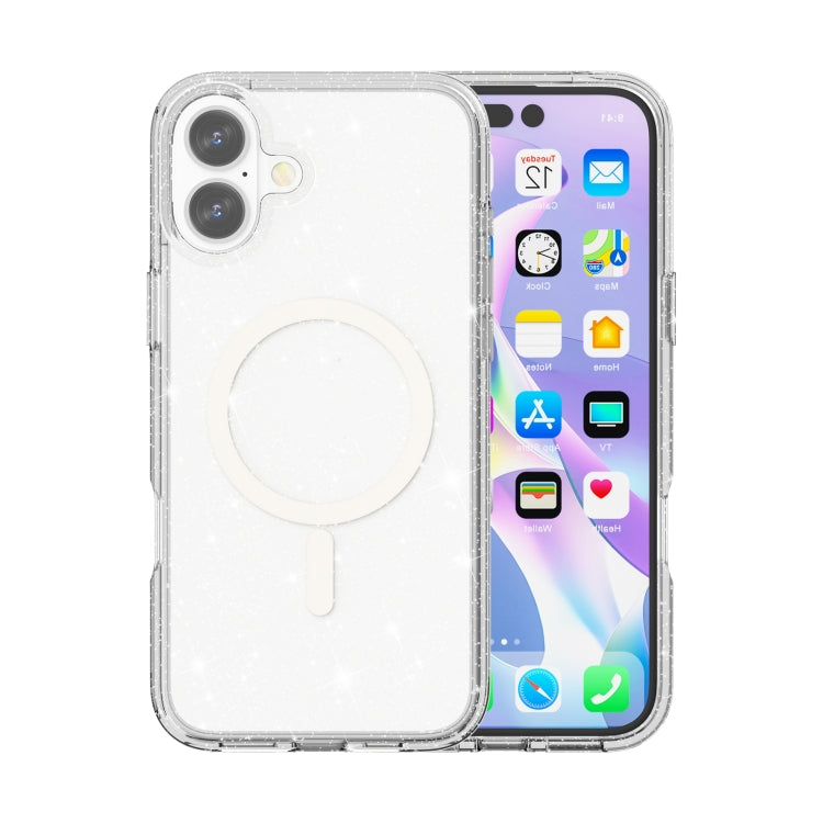 For iPhone 16 Terminator Style Glitter Powder MagSafe Magnetic Phone Case(White)