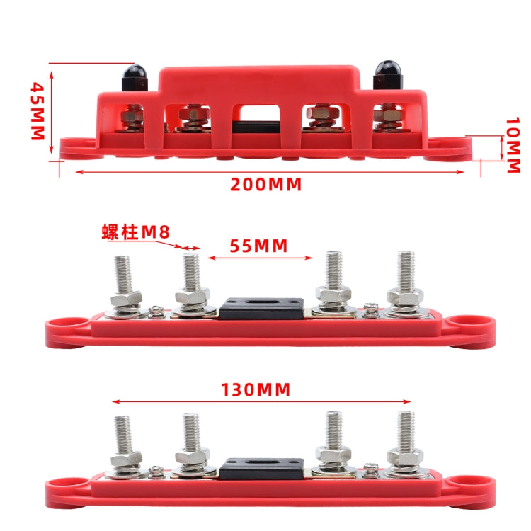CP-4125 1 Pair RV Yacht M8 Single Row 4-way Power Distribution Block Busbar with Cover with 300A Fuse(Black + Red)