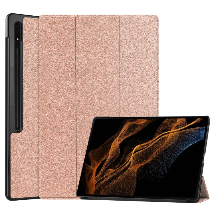 For Samsung Galaxy Tab S10 Ultra / S9 Ultra Custer Pure Color 3-Fold Holder Smart Leather Tablet Case(Rose Gold)