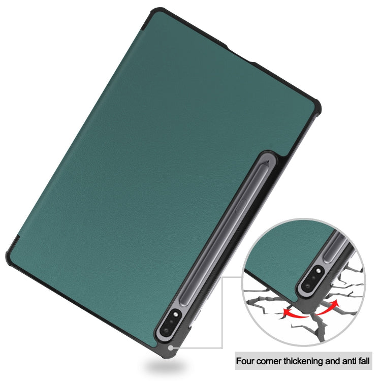 For Samsung Galaxy Tab S9 Custer Pure Color 3-Fold Holder Smart Leather Tablet Case(Dark Green)