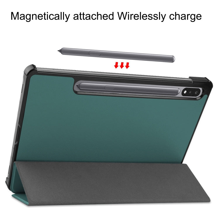 For Samsung Galaxy Tab S9 Custer Pure Color 3-Fold Holder Smart Leather Tablet Case(Dark Green)
