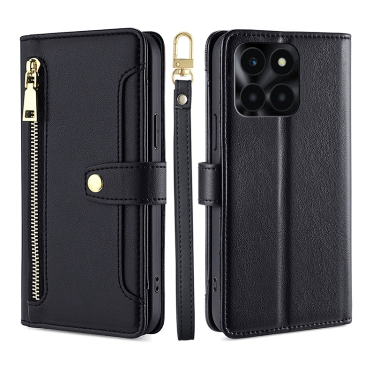 For Honor X6a 4G Sheep Texture Cross-body Zipper Wallet Leather Phone Case(Black)