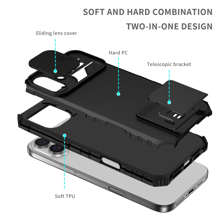 For iPhone 16 Plus Stereoscopic Holder Sliding Camshield Phone Case(Black)