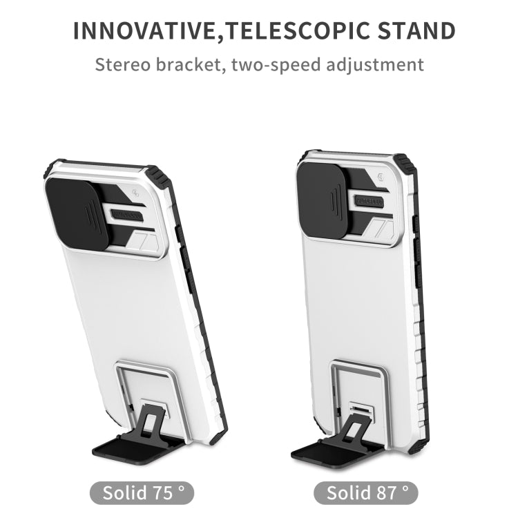 For iPhone 16 Stereoscopic Holder Sliding Camshield Phone Case(White)