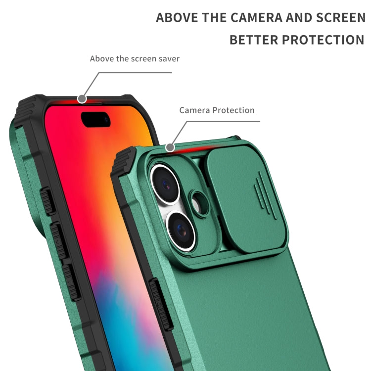 For iPhone 16 Stereoscopic Holder Sliding Camshield Phone Case(Green)