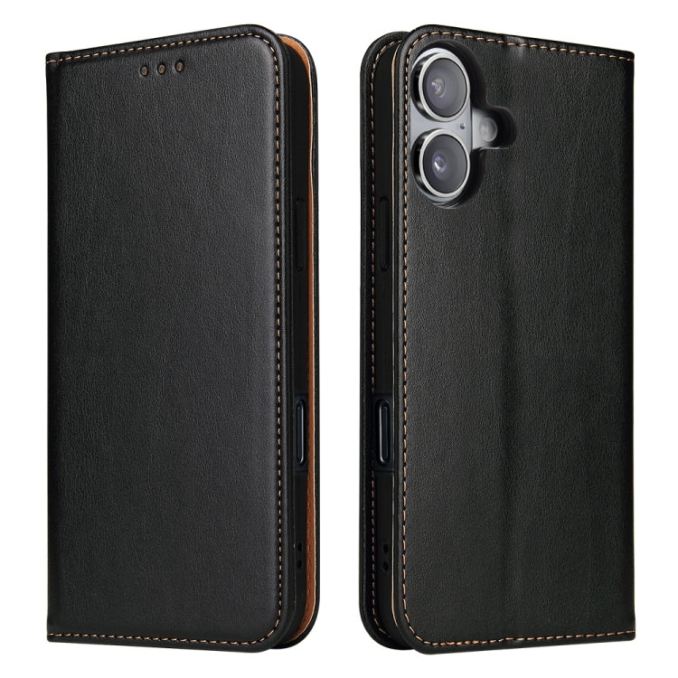 For iPhone 16 Fierre Shann PU Genuine Leather Texture Phone Case(Black)