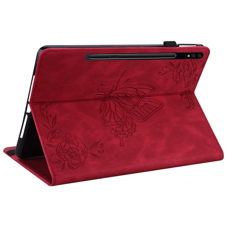 For Samsung Galaxy Tab S9 Butterfly Flower Embossed Leather Tablet Case(Red)