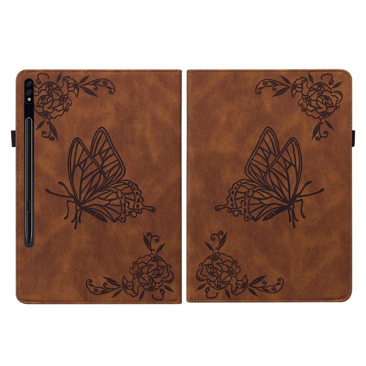 For Samsung Galaxy Tab S9+ Butterfly Flower Embossed Leather Tablet Case(Brown)