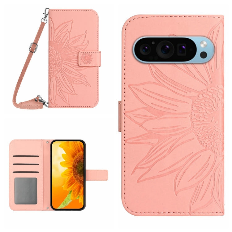 For Google Pixel 9 Pro Skin Feel Sun Flower Embossed Flip Leather Phone Case with Lanyard(Pink)
