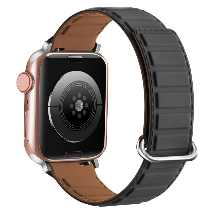 For Apple Watch SE 2023 40mm Reverse Buckle Magnetic Silicone Watch Band(Silver Buckle Grey Brown)