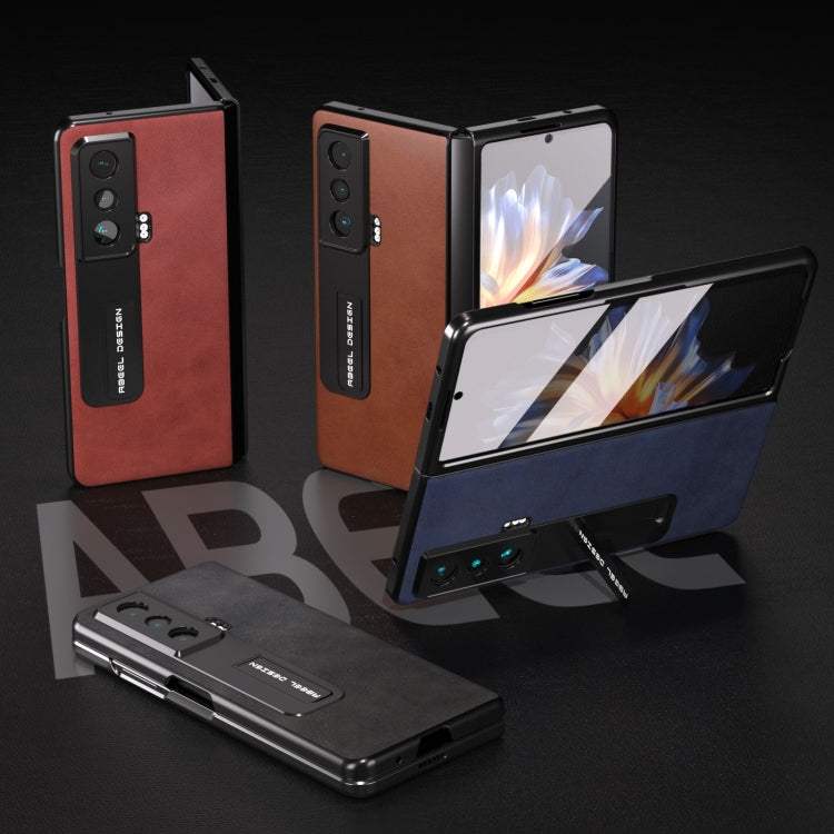 For Honor Magic Vs ABEEL Integrated Two-color Calf Texture PU Phone Case with Holder(Brown) - Honor Cases by PMC TechLife | Online Shopping South Africa | PMC TechLife | Buy Now Pay Later Mobicred