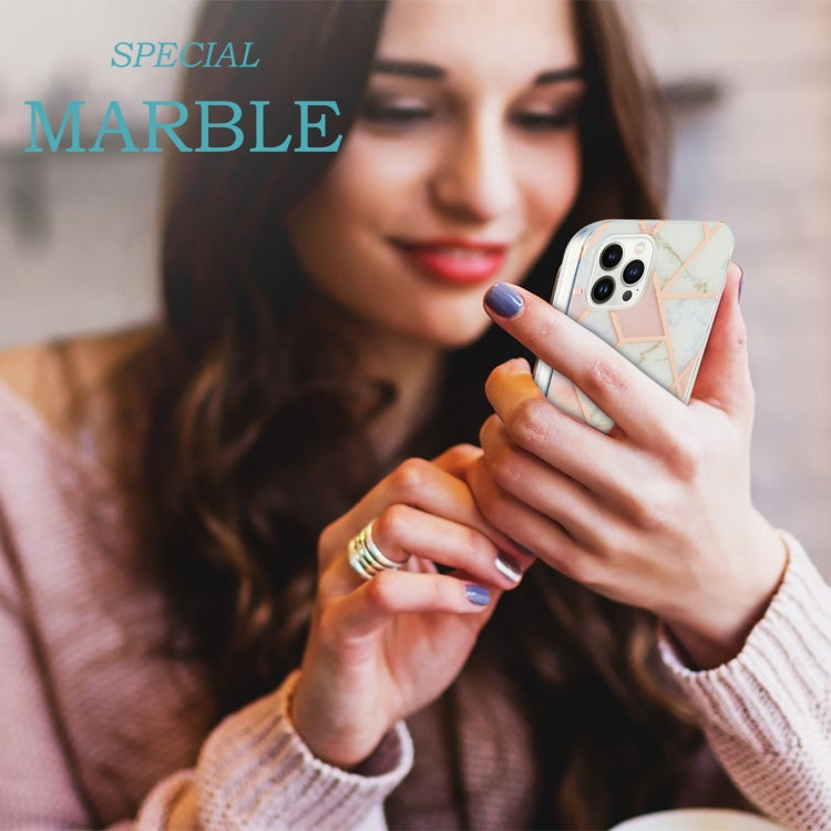 For iPhone 16 Pro Max Electroplating Splicing Marble Flower Pattern Dual-side IMD TPU Shockproof Phone Case(Pink White) - free shipping - PMC TechLife - Order now!