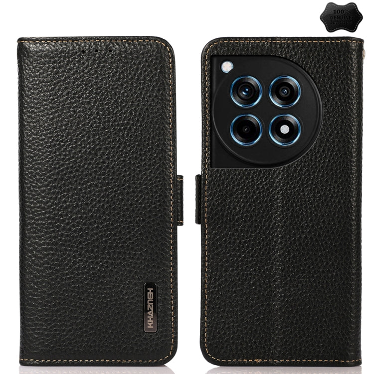 For OnePlus 12R KHAZNEH Side-Magnetic Litchi Genuine Leather RFID Phone Case(Black)