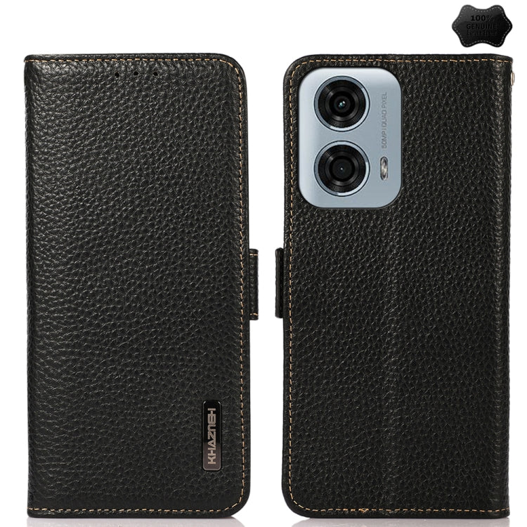 For Motorola Moto G24 KHAZNEH Side-Magnetic Litchi Genuine Leather RFID Phone Case(Black)