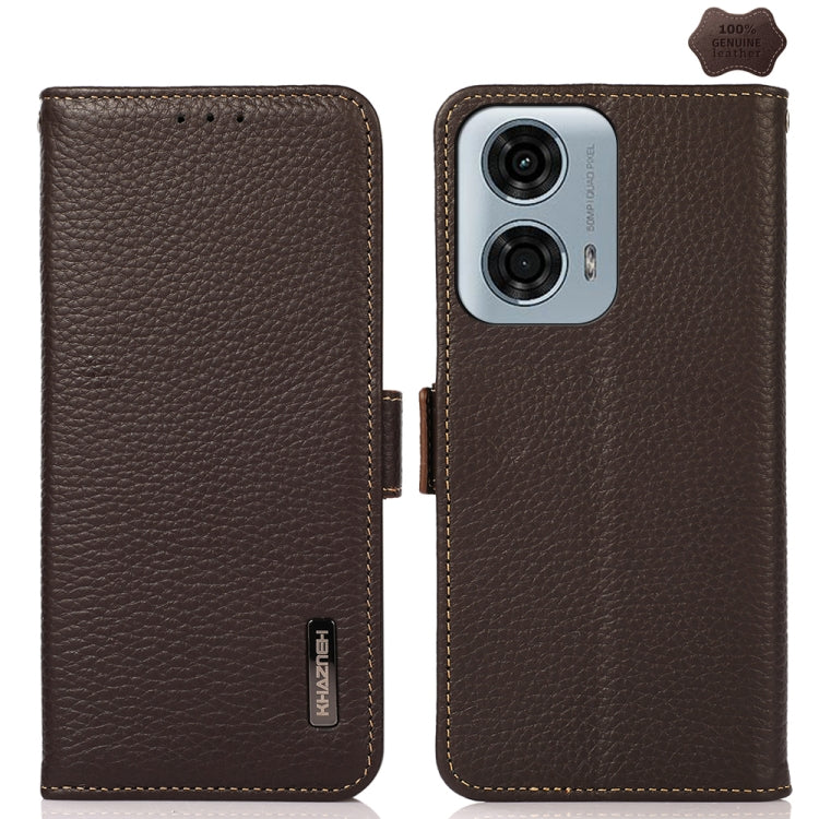 For Motorola Moto G34 KHAZNEH Side-Magnetic Litchi Genuine Leather RFID Phone Case(Brown)