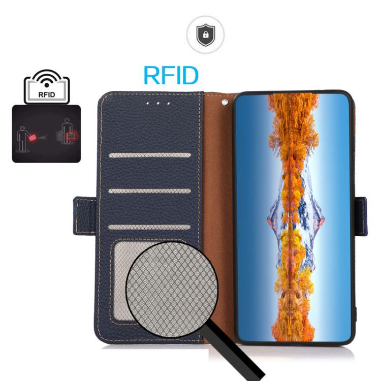 For Motorola Moto G15 4G / G05 KHAZNEH Side-Magnetic Litchi Genuine Leather RFID Phone Case(Blue)
